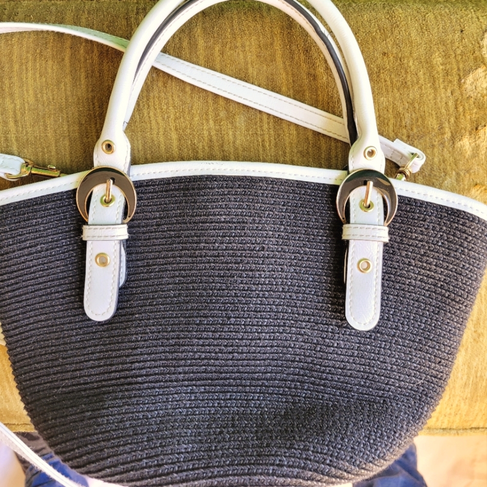 Summer Straw Woven Bag Very Cute Black and White Fabric Crossbody or Handles